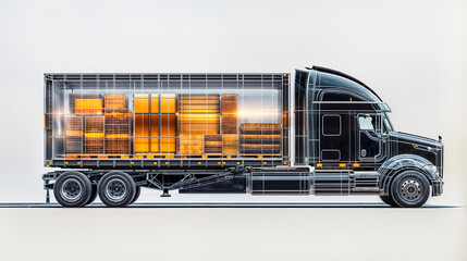 truck with transparent body so you can see whats inside, inside is different freights, transportations or delivery concept