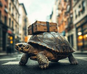 turtle is transporting cargo, city street on background, delivery concept