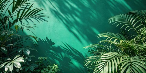 Tropical foliage casting shadows on a teal wall