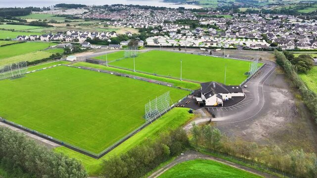 Aerial video of P&aacute;&iacute;rc Mac U&iacute;l&iacute;n Ballycastle GAC GAA Hurling Club Ballycastle Co Antrim Northern Ireland 