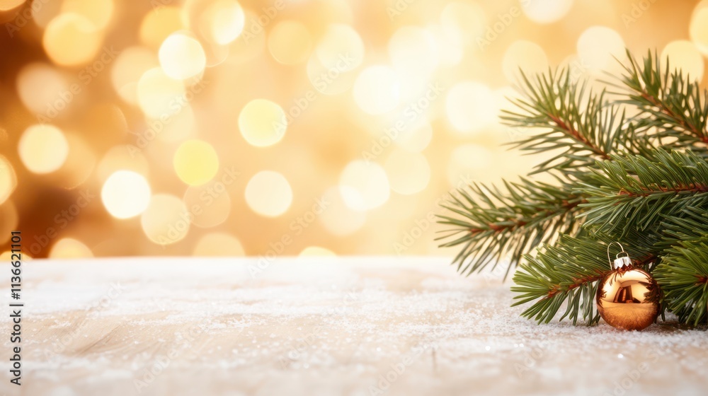 Aufkleber frosted bokeh backdrop with pine branches and ornaments for festive presentations and celebrations
