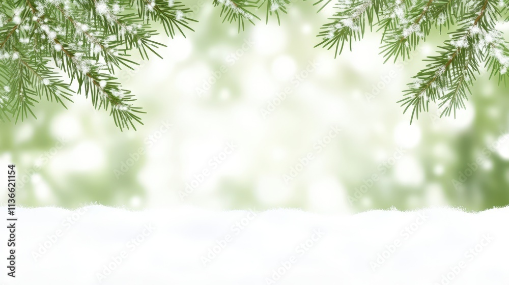 Poster holiday themed background with frosted bokeh snow and pine branches for festive presentations