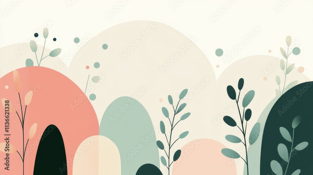 Poster soft and serene pastel background with geometric shapes and eucalyptus accents for elegant design