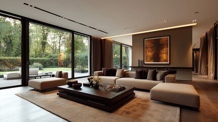 Modern elegant living room with large windows and cozy furniture overlooking garden