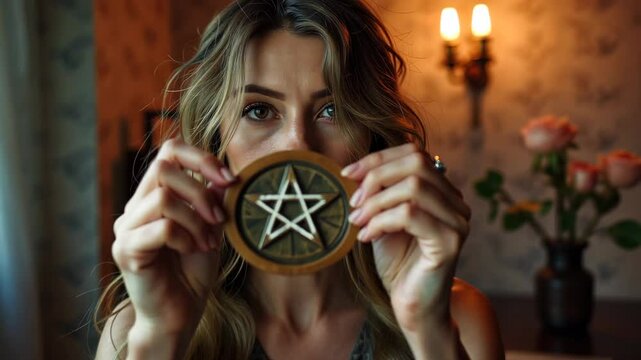 Mysterious woman holding occult symbol in dimly lit room surrounded by soft candlelight shows pentagram