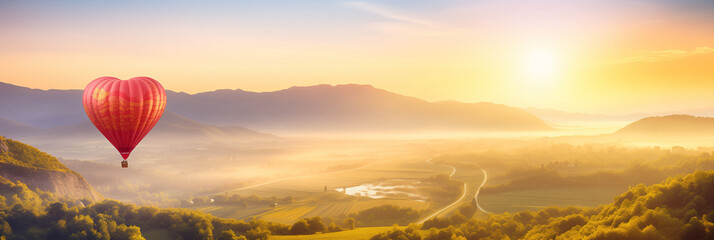 Heart-shaped hot air balloon floating over a scenic valley at sunrise.
