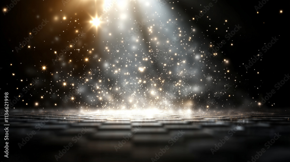 Poster sparkling light and sparkling particles creating a magical effect on a dark background