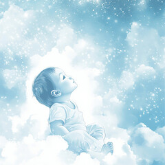 Dreaming baby sitting among the clouds in a peaceful blue sky