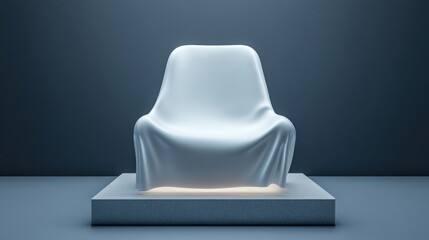 a chair-shaped object covered with sleek white satin fabric, on a minimalist concrete podium