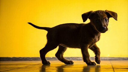 Silhouette of a Half-Breed Brown Puppy Against a Bright Yellow Background Capturing the Essence of Playfulness and Curiosity in a Unique and Charming Way