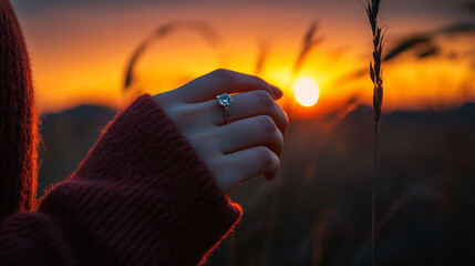 Hand reaching for sunset with ring in golden light at grass field during evening
