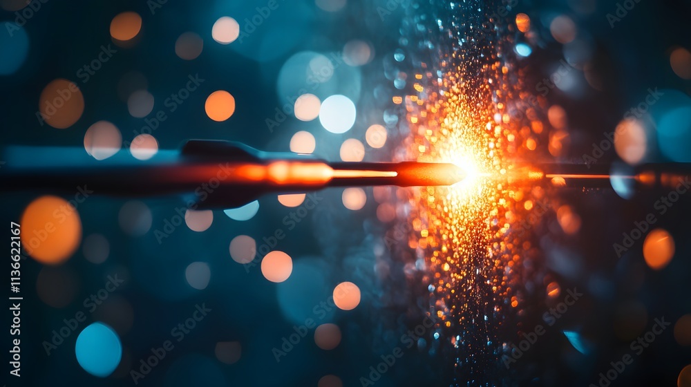 Poster Dynamic Arrow Piercing Through a Glowing Particle Field in an Abstract Background with Bokeh Lights Creating a Sense of Motion and Energy