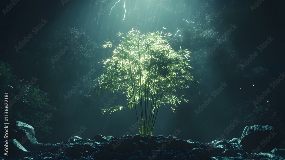 Aufkleber bright bamboo tree illuminated by stormy lightning amidst a lush, dark forest, creating a mystical a
