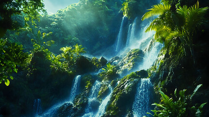 Fototapeta premium An Enigmatic Water Spirit Journeying Through a Majestic Tropical Wonderland of Sheer Cliffs and Lush Flora Under a Brilliant Blue Sky