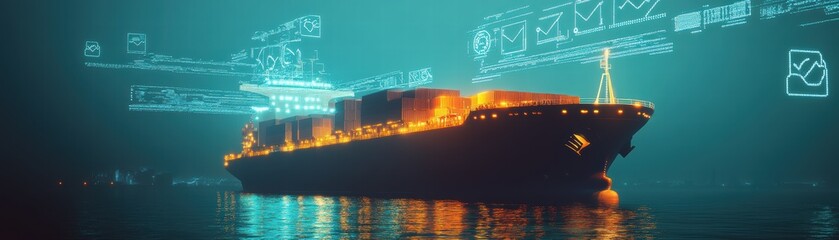 A illuminated cargo ship navigating through digital waters at night.