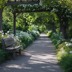 Obraz premium Serene park pathway surrounded by white flowers and greenery featuring a bench
