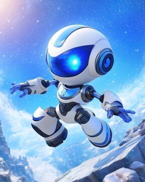 Astro Bot Exploring a Distant Planet's Shimmering Landscape Under a Vibrant Blue Sky