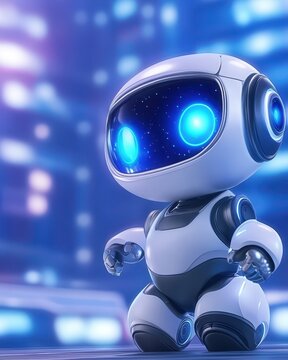 Cute Astro Bot Exploring a Futuristic City at Nighttime Under Glowing Neon Lights