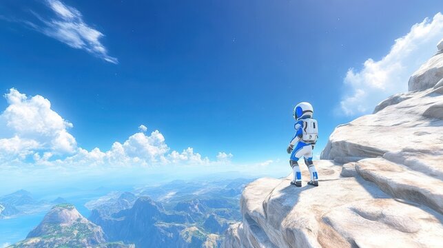 Exploring New Heights With a Brave Astro Bot on a Breathtaking Mountain Top