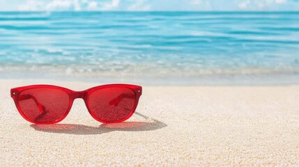 Obraz premium Enjoying Bank Holidays at the Beach With Vibrant Red Sunglasses on Golden Sand