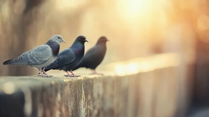 Three Black Doves Perched Gracefully on a Weathered Stone Wall During Sunset