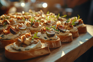 Gourmet bruschetta topped with figs and nuts, beautifully arranged for an elegant presentation.