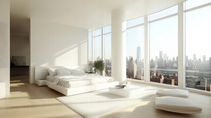 Fototapeta premium modern white bedroom with city view