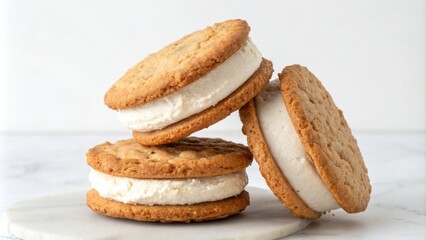 Three golden brown cookies filled with creamy vanilla ice cream, stacked on a white marble surface