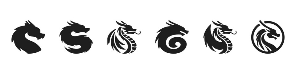 Set of black dragon icons. Mythical dragons in different styles isolated on white background. Stylish black dragon logos. Dragon silhouette vector. Vector illustration.
