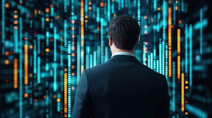 businessman in suit stands against digital backdrop of data visualization, reflecting innovation and technology