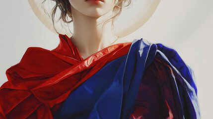An art piece inspired by the uploaded image, featuring a divine figure draped in crimson red and sapphire blue garments, with a glowing halo radiating warmth. The white background accentuates the subj