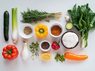 isolated arrangement of vibrant fresh ingredients.