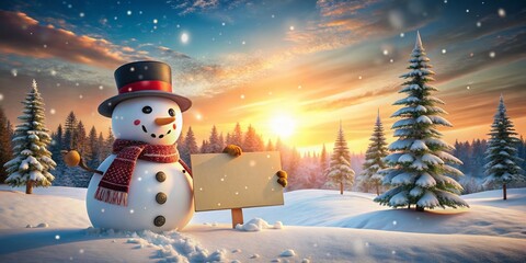 Fototapeta premium Snowman Christmas Sign Landscape Photo: Festive Holiday Celebration, Winter Wonderland, Blank Sign for Promotion