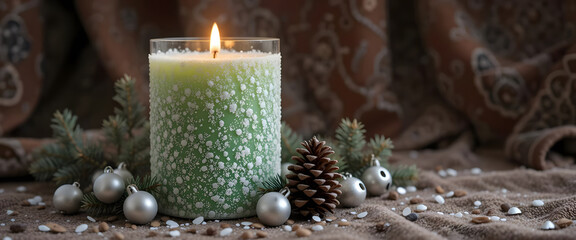 
"Elegant frosty green candle on a rich velvet backdrop, accented with silver and gold bells and miniature pine cones for a festive touch."