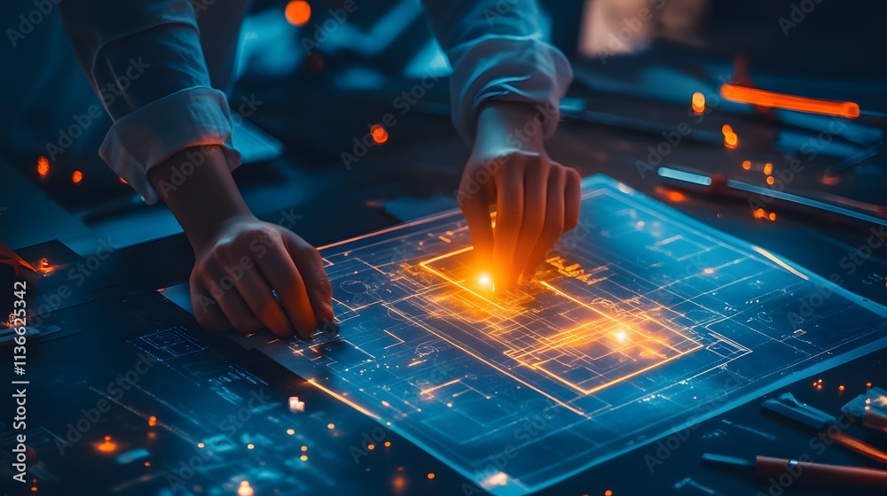 Poster futuristic engineer analyzing digital blueprints with glowing highlights in a dark room, focused on 