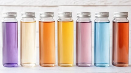 Colorful Array of Cooking Oils in Glass Bottles Arranged on a Wooden Table