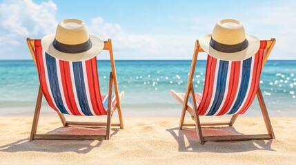 Fototapeta premium Relaxing Beach Chairs by the Ocean Summer Vacation Scene Serene Environment Inviting Perspective