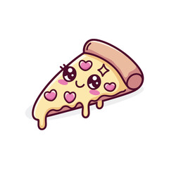 A cute and kawaii slice of pizza with heart-shaped pepperoni toppings, dripping with cheese and sauce