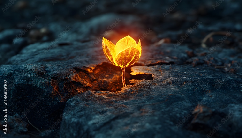 Aufkleber glowing flower emerging from stone surface symbolizing resilience and hope in nature’s harsh environ