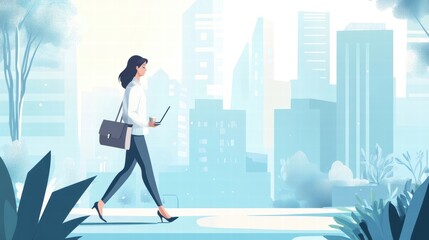 woman walking city commute laptop coffee business
