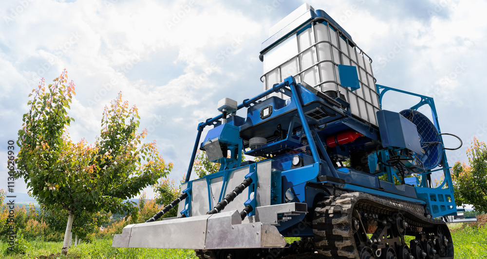 Poster autonomous robot sprayer works in a fruit garden. smart farming concept.