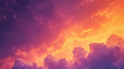 Dreamy Sunset Vibes Design a warm sunset-inspired background with gradient hues of orange, pink, and purple, featuring subtle silhouettes of clouds and faint glowing stars