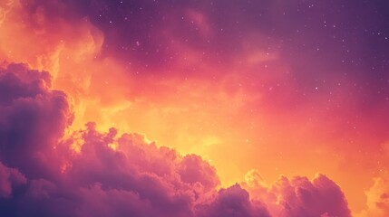 Fototapeta premium Dreamy Sunset Vibes Design a warm sunset-inspired background with gradient hues of orange, pink, and purple, featuring subtle silhouettes of clouds and faint glowing stars