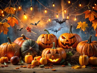 Fototapeta premium Spooky Halloween Party Panoramic: Pumpkin & Bat Decorations