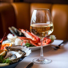 A photo of a close-up shot of a table in a cozy restaurant. There is a glass of white wine in the foreground, next to a plate of appetizing seafood