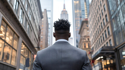 Businessman strolling through new york city, admiring the iconic empire state building in the bustling urban scenery from behind