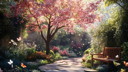 Naklejka premium A Tranquil Courtyard with a Stunning Dogwood Tree Encircled by Lush Blooms and Peaceful Surroundings