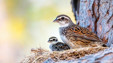 Quail Nurturing Her Young in a Serene Natural Setting During Early Morning Light