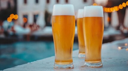 Refreshing Cold Beer by Poolside Gathering in Sunny Outdoor Oasis Relaxing Summer Vibes