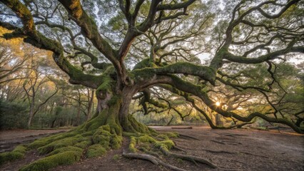Obraz premium A majestic old oak tree with moss-covered branches and roots bathed in golden sunlight, creating a serene and timeless scene.